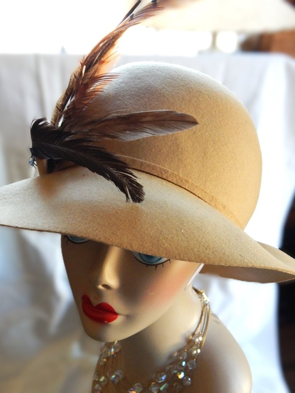 Evelyn Varon 70's Camel Wool Hat - Pheasant Feathers